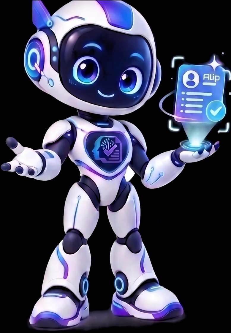 Alip, maskot Qualiv AI, memegang kartu CV kandidat yang sudah terverifikasi